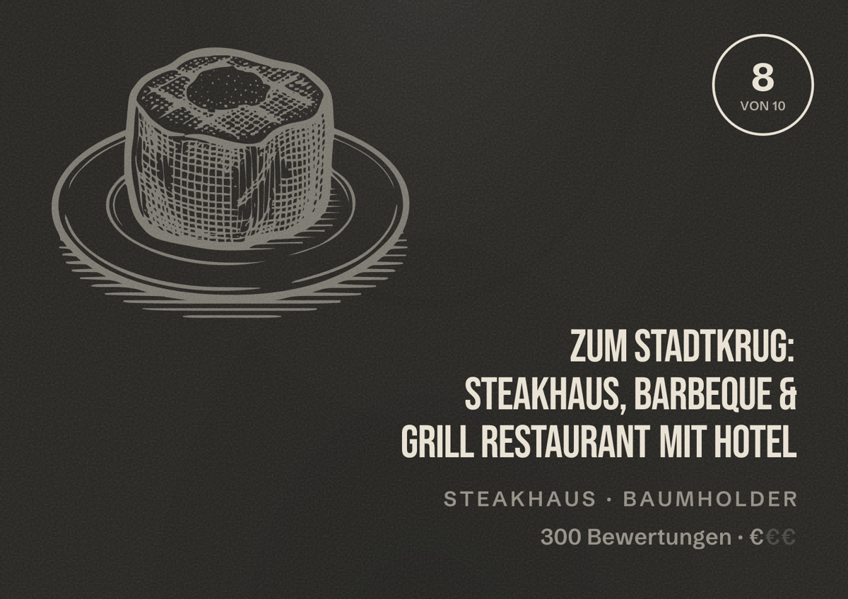 Illustriertes Poster von Zum Stadtkrug: Steakhaus, Barbeque & Grill Restaurant mit Hotel, Steakhaus in Baumholder: Bewertung 8 von 10 aus 300 Bewertungen, Preisniveau €