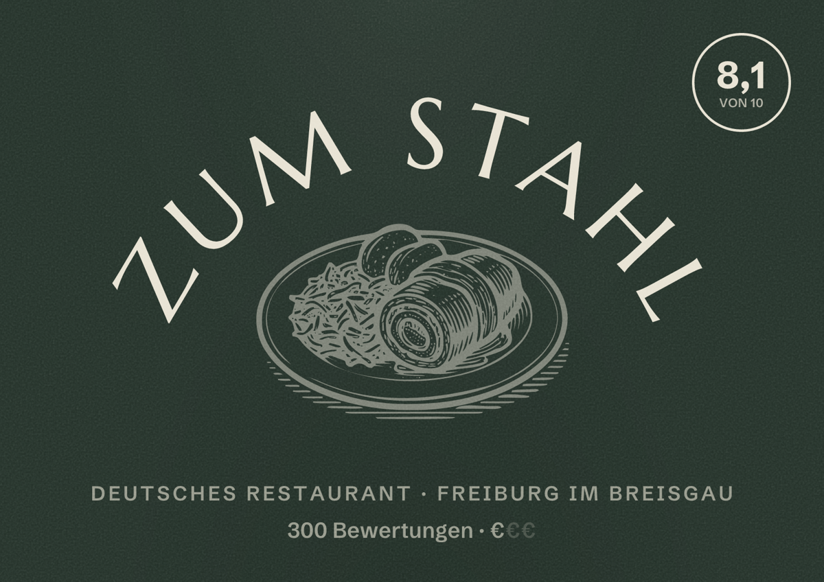 Illustriertes Poster von Zum Stahl, Deutsches Restaurant in Freiburg im Breisgau: Bewertung 8,1 von 10 aus 300 Bewertungen, Preisniveau €
