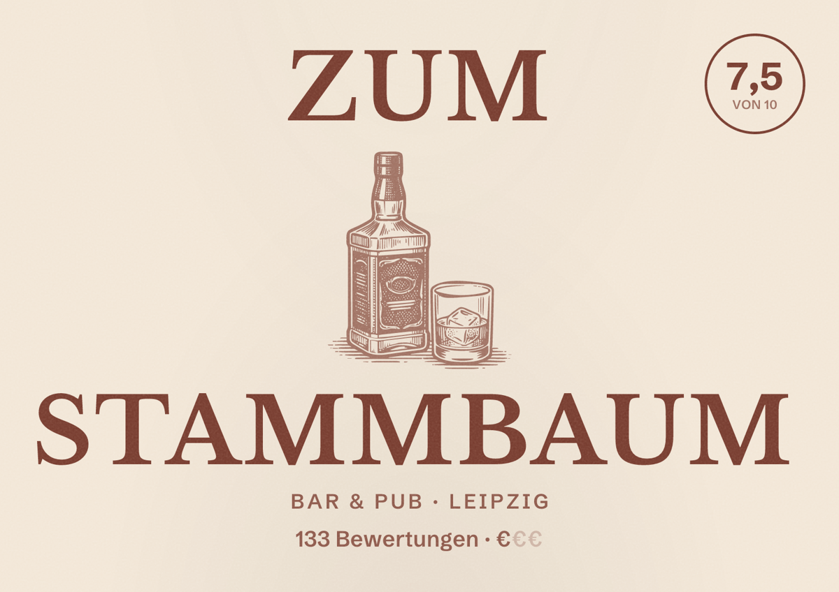 Illustriertes Poster von Zum Stammbaum, Bar & Pub in Leipzig: Bewertung 7,5 von 10 aus 133 Bewertungen, Preisniveau €
