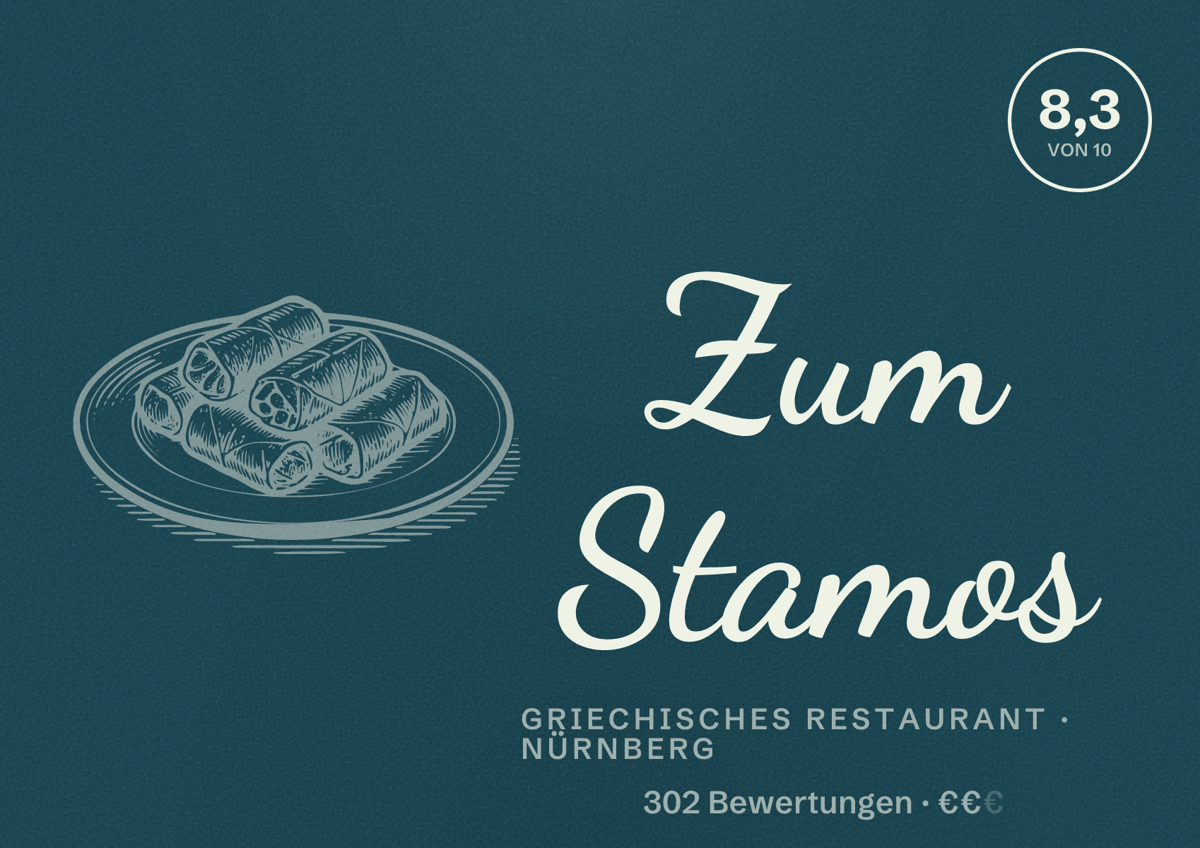 Illustriertes Poster von Zum Stamos, Griechisches Restaurant in Nürnberg: Bewertung 8,3 von 10 aus 302 Bewertungen, Preisniveau €€