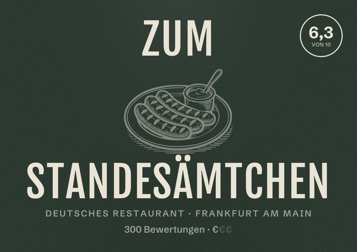 Illustriertes Poster von Zum Standesämtchen, Deutsches Restaurant in Frankfurt am Main: Bewertung 6,3 von 10 aus 300 Bewertungen, Preisniveau €
