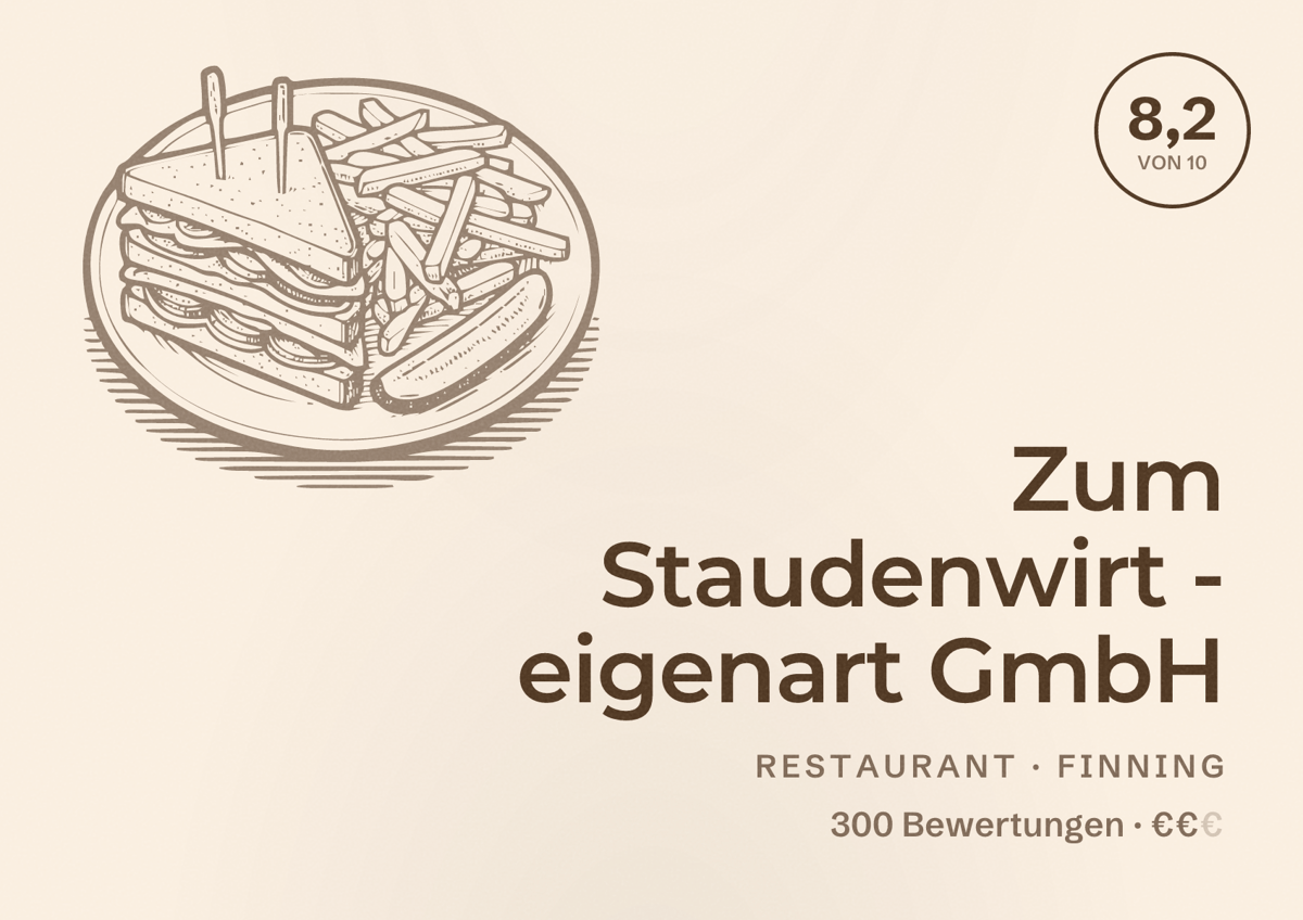 Illustriertes Poster von Zum Staudenwirt - eigenart GmbH, Restaurant in Finning: Bewertung 8,2 von 10 aus 300 Bewertungen, Preisniveau €€