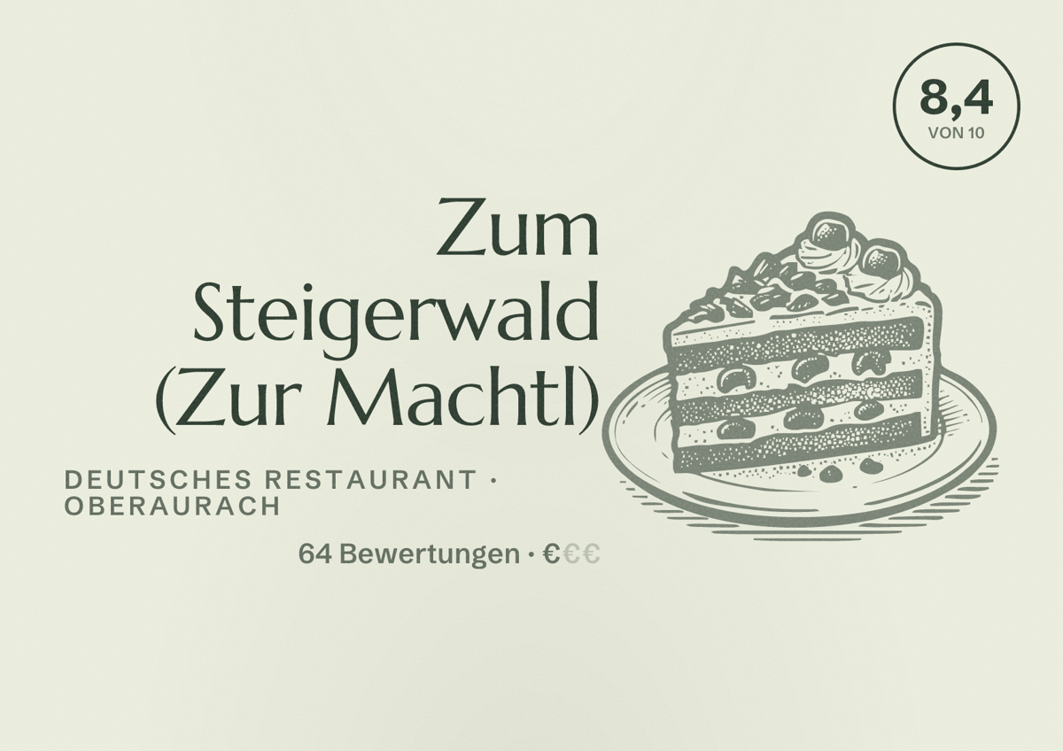 Illustriertes Poster von Zum Steigerwald (Zur Machtl), Deutsches Restaurant in Oberaurach: Bewertung 8,4 von 10 aus 64 Bewertungen, Preisniveau €