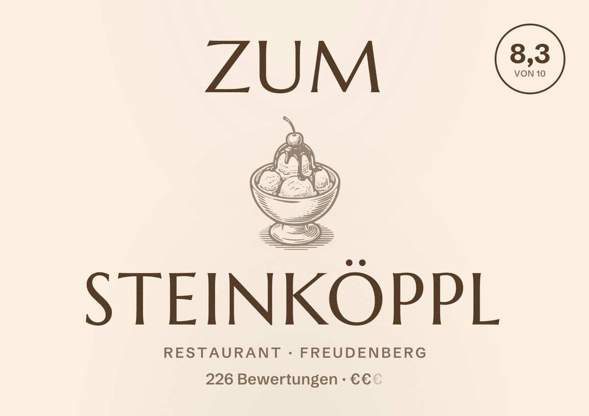 Illustriertes Poster von Zum Steinköppl, Restaurant in Freudenberg: Bewertung 8,3 von 10 aus 226 Bewertungen, Preisniveau €€
