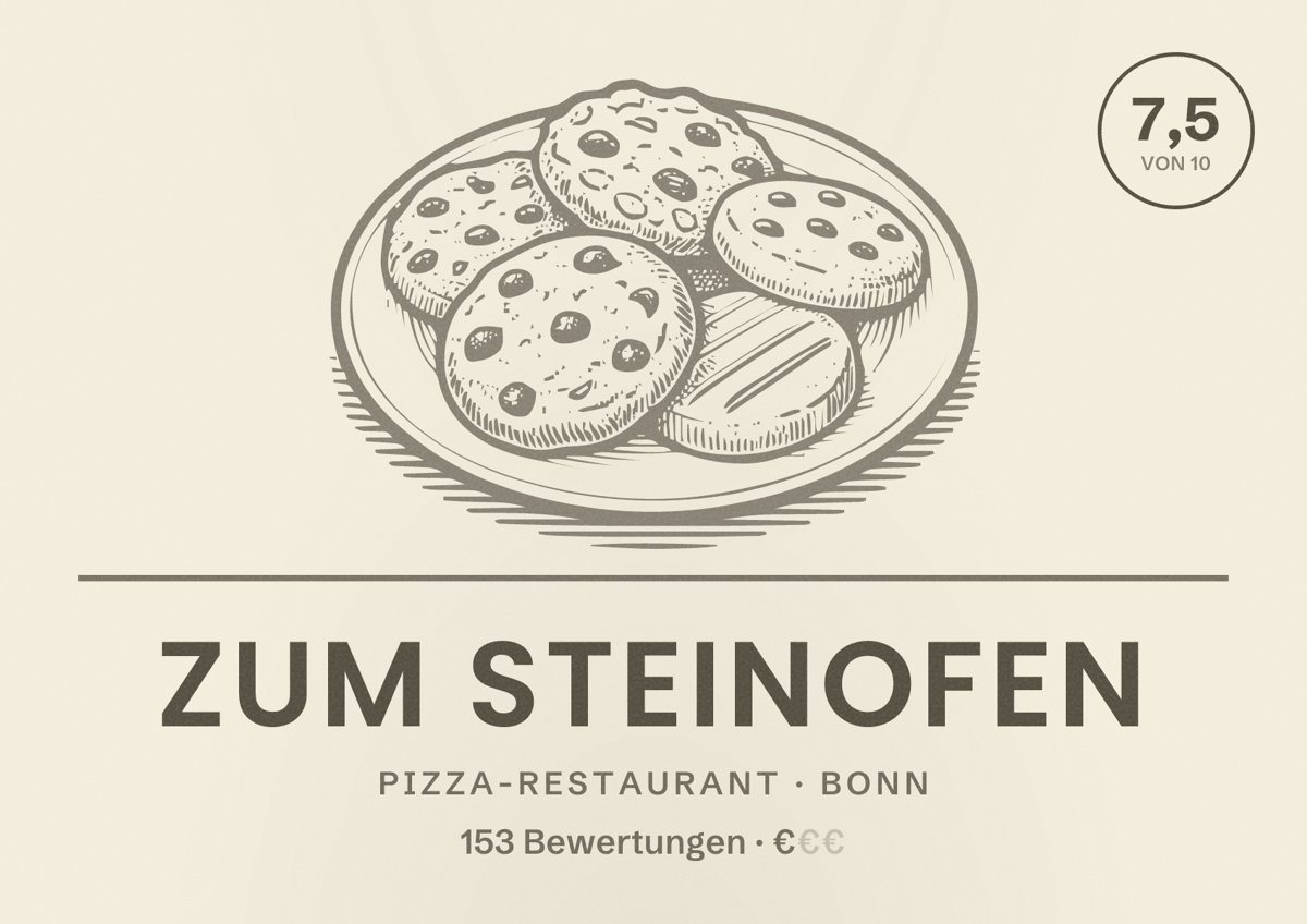 Illustriertes Poster von Zum Steinofen, Pizza-Restaurant in Bonn: Bewertung 7,5 von 10 aus 153 Bewertungen, Preisniveau €