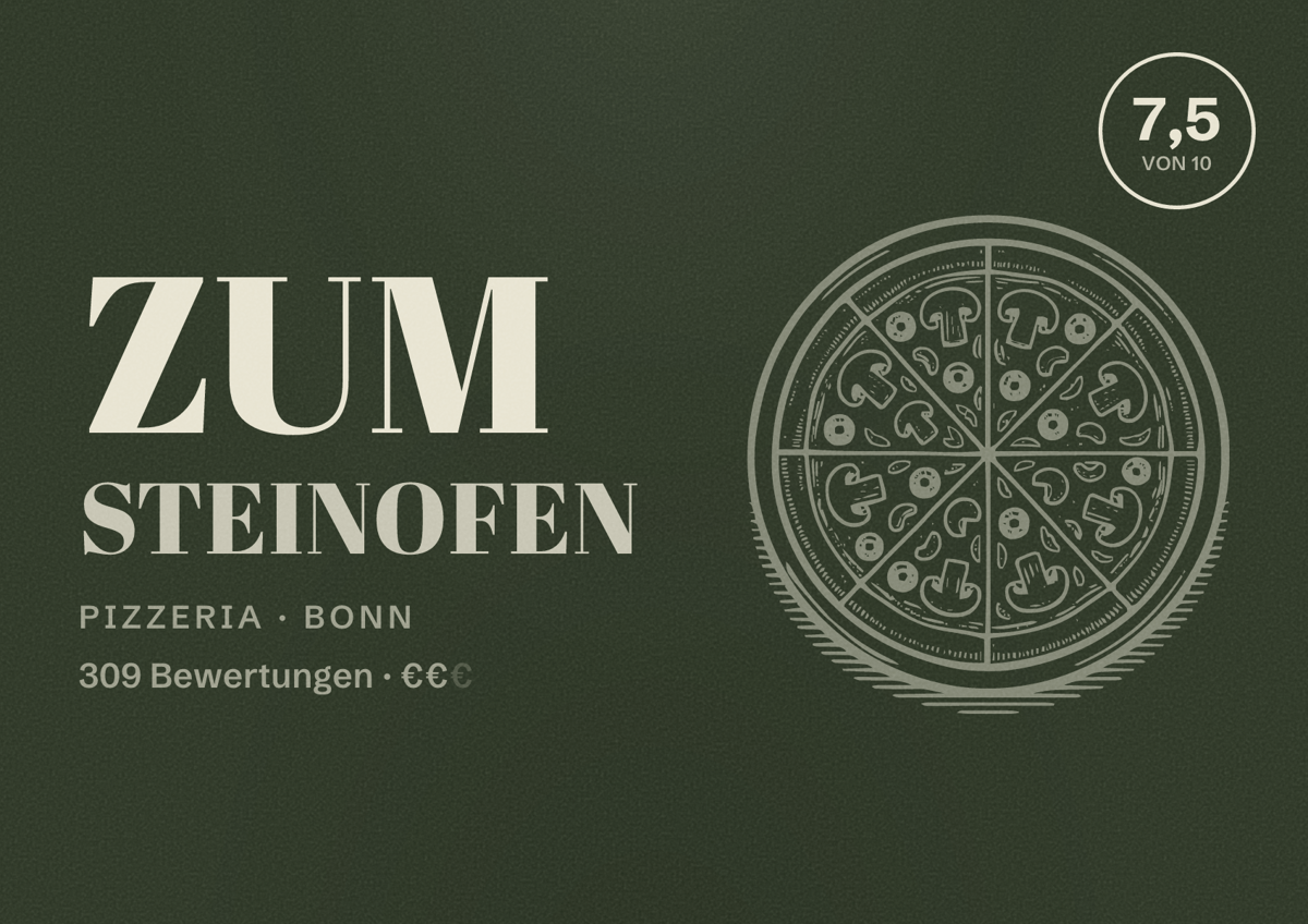 Illustriertes Poster von Zum Steinofen, Pizzeria in Bonn: Bewertung 7,5 von 10 aus 309 Bewertungen, Preisniveau €€