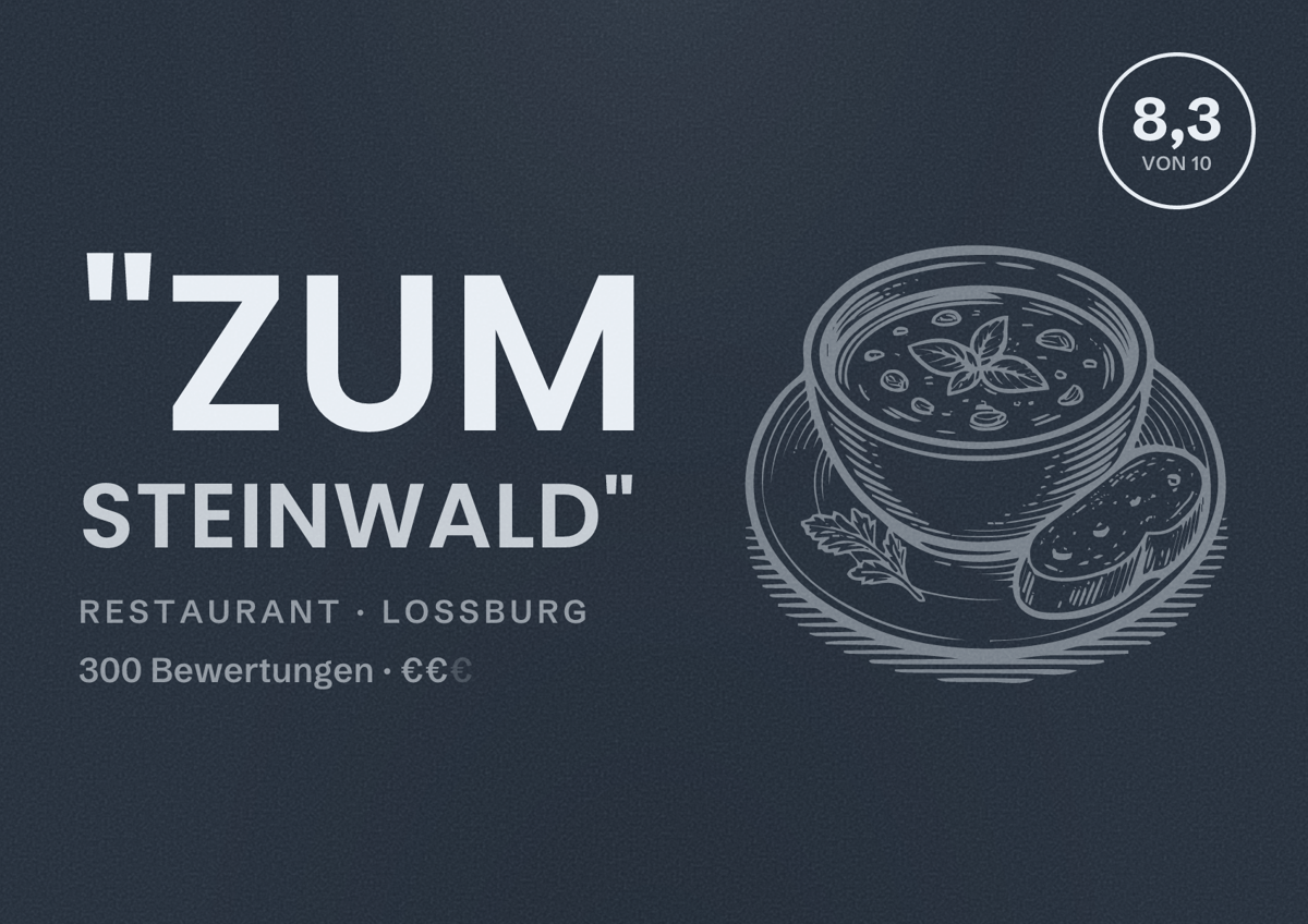Illustriertes Poster von "Zum Steinwald", Restaurant in Loßburg: Bewertung 8,3 von 10 aus 300 Bewertungen, Preisniveau €€