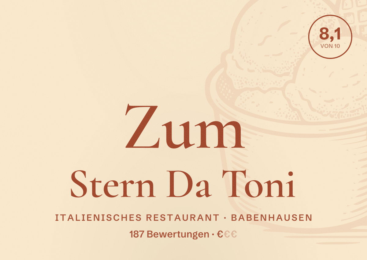 Illustriertes Poster von Zum Stern Da Toni, Italienisches Restaurant in Babenhausen: Bewertung 8,1 von 10 aus 187 Bewertungen, Preisniveau €