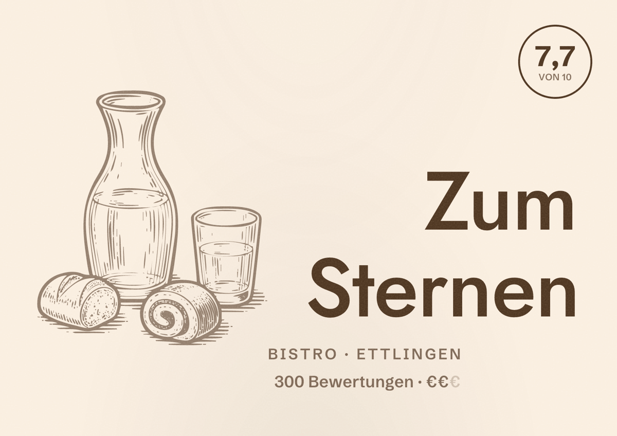 Illustriertes Poster von Zum Sternen, Bistro in Ettlingen: Bewertung 7,7 von 10 aus 300 Bewertungen, Preisniveau €€