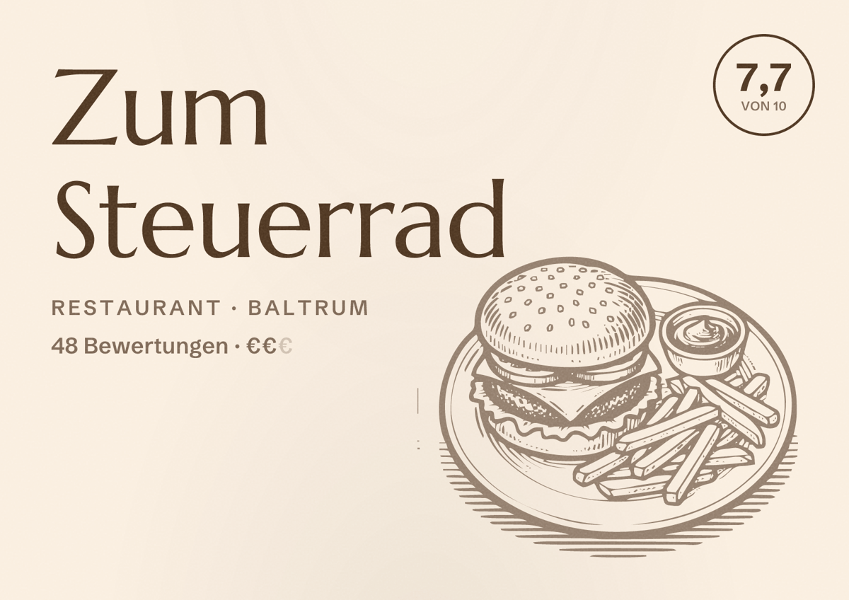 Illustriertes Poster von Zum Steuerrad, Restaurant in Baltrum: Bewertung 7,7 von 10 aus 48 Bewertungen, Preisniveau €€
