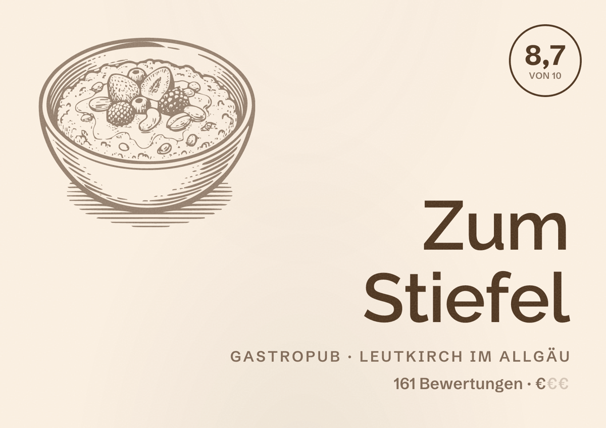 Illustriertes Poster von Zum Stiefel, Gastropub in Leutkirch im Allgäu: Bewertung 8,7 von 10 aus 161 Bewertungen, Preisniveau €