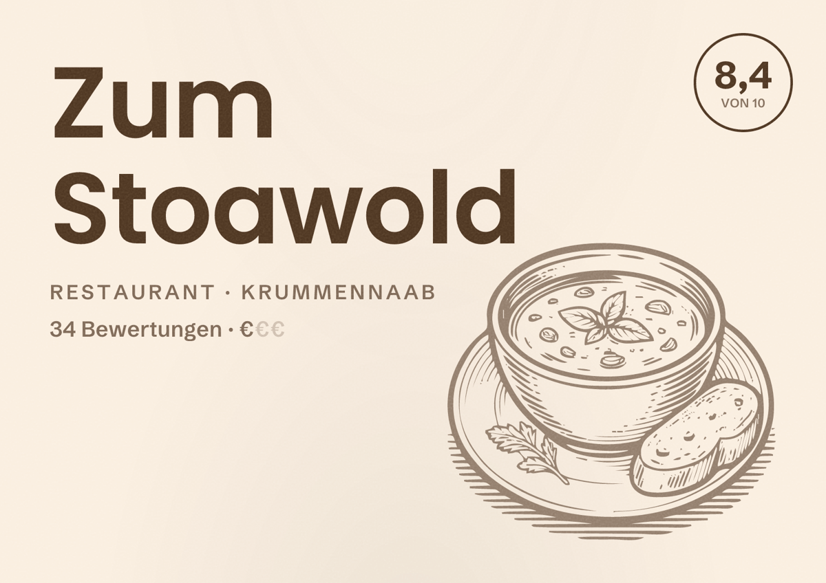 Illustriertes Poster von Zum Stoawold, Restaurant in Krummennaab: Bewertung 8,4 von 10 aus 34 Bewertungen, Preisniveau €