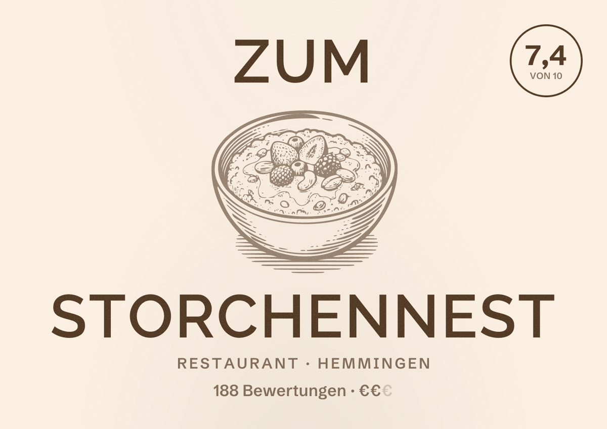 Illustriertes Poster von Zum Storchennest, Restaurant in Hemmingen: Bewertung 7,4 von 10 aus 188 Bewertungen, Preisniveau €€