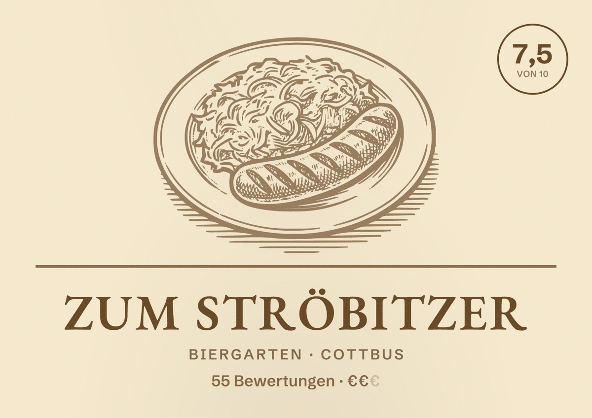 Illustriertes Poster von Zum Ströbitzer, Biergarten in Cottbus: Bewertung 7,5 von 10 aus 55 Bewertungen, Preisniveau €€