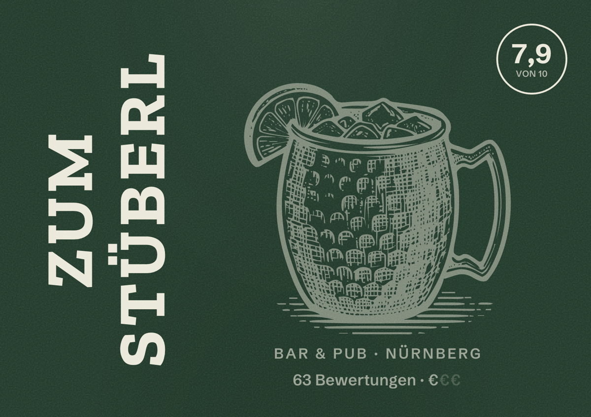 Illustriertes Poster von zum Stüberl, Bar & Pub in Nürnberg: Bewertung 7,9 von 10 aus 63 Bewertungen, Preisniveau €