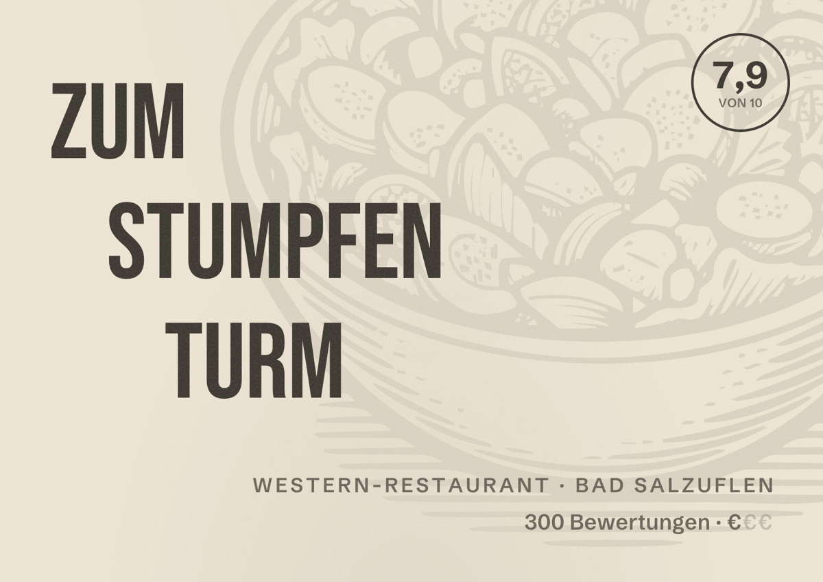 Illustriertes Poster von Zum Stumpfen Turm, Western-Restaurant in Bad Salzuflen: Bewertung 7,9 von 10 aus 300 Bewertungen, Preisniveau €