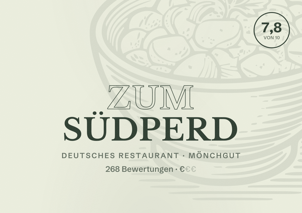 Illustriertes Poster von Zum Südperd, Deutsches Restaurant in Mönchgut: Bewertung 7,8 von 10 aus 268 Bewertungen, Preisniveau €