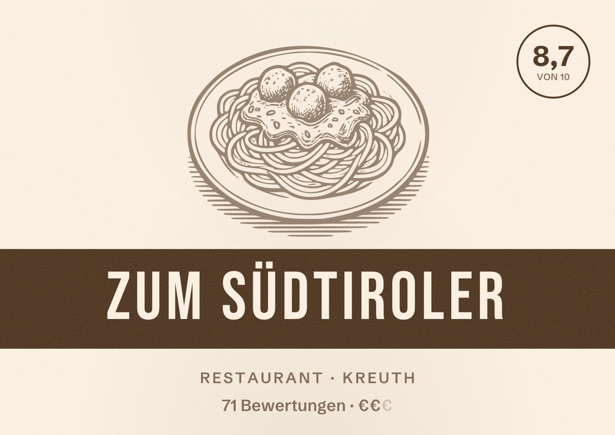 Illustriertes Poster von Zum Südtiroler, Restaurant in Kreuth: Bewertung 8,7 von 10 aus 71 Bewertungen, Preisniveau €€