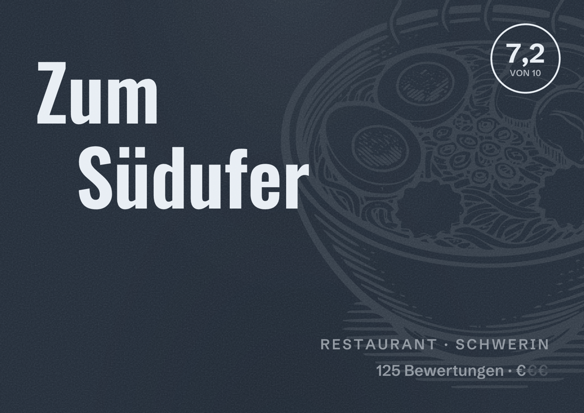 Illustriertes Poster von Zum Südufer, Restaurant in Schwerin: Bewertung 7,2 von 10 aus 125 Bewertungen, Preisniveau €