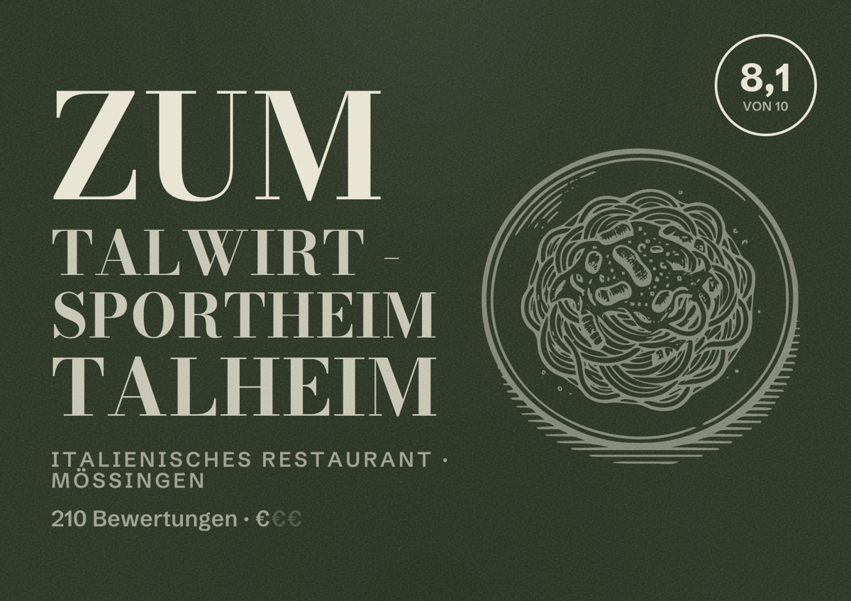 Illustriertes Poster von Zum Talwirt - Sportheim Talheim, Italienisches Restaurant in Mössingen: Bewertung 8,1 von 10 aus 210 Bewertungen, Preisniveau €