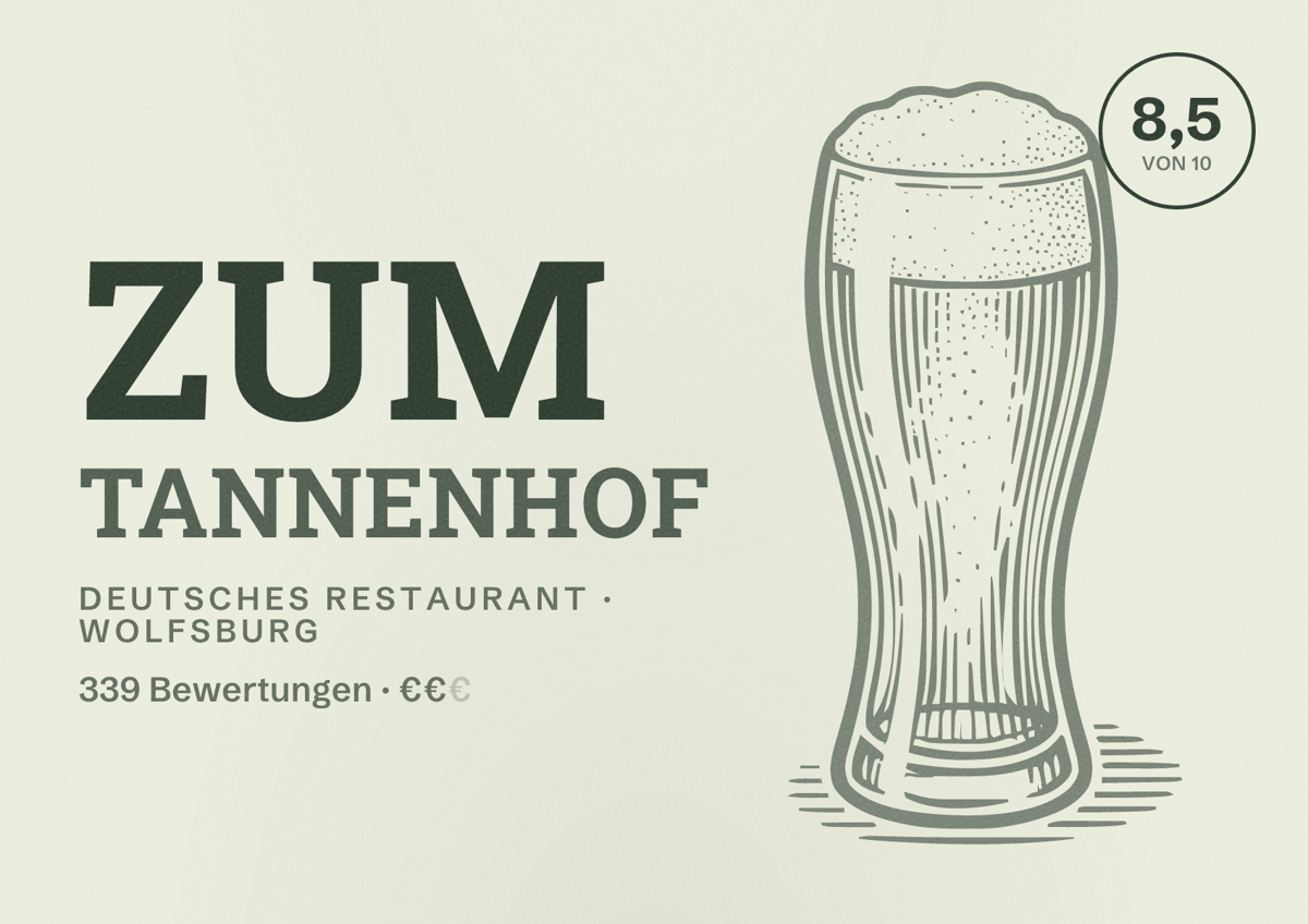 Illustriertes Poster von Zum Tannenhof, Deutsches Restaurant in Wolfsburg: Gästebewertung 8,5 von 10 aus 339 Bewertungen
