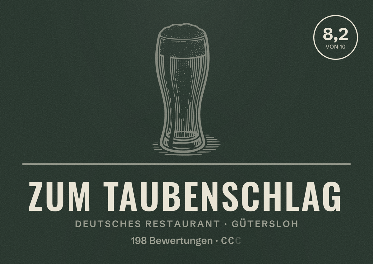 Illustriertes Poster von Zum Taubenschlag, Deutsches Restaurant in Gütersloh: Bewertung 8,2 von 10 aus 198 Bewertungen, Preisniveau €€