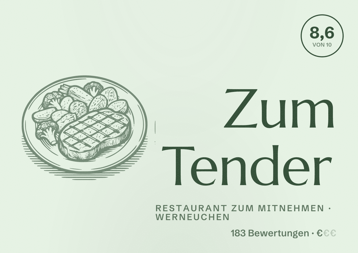 Illustriertes Poster von Zum Tender, Restaurant zum Mitnehmen in Werneuchen: Bewertung 8,6 von 10 aus 183 Bewertungen, Preisniveau €