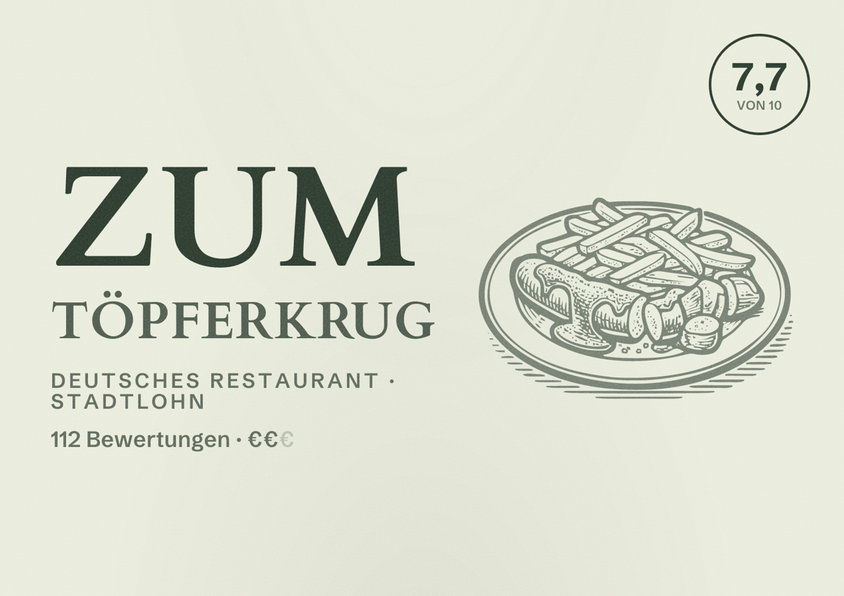Illustriertes Poster von Zum Töpferkrug, Deutsches Restaurant in Stadtlohn: Bewertung 7,7 von 10 aus 112 Bewertungen, Preisniveau €€