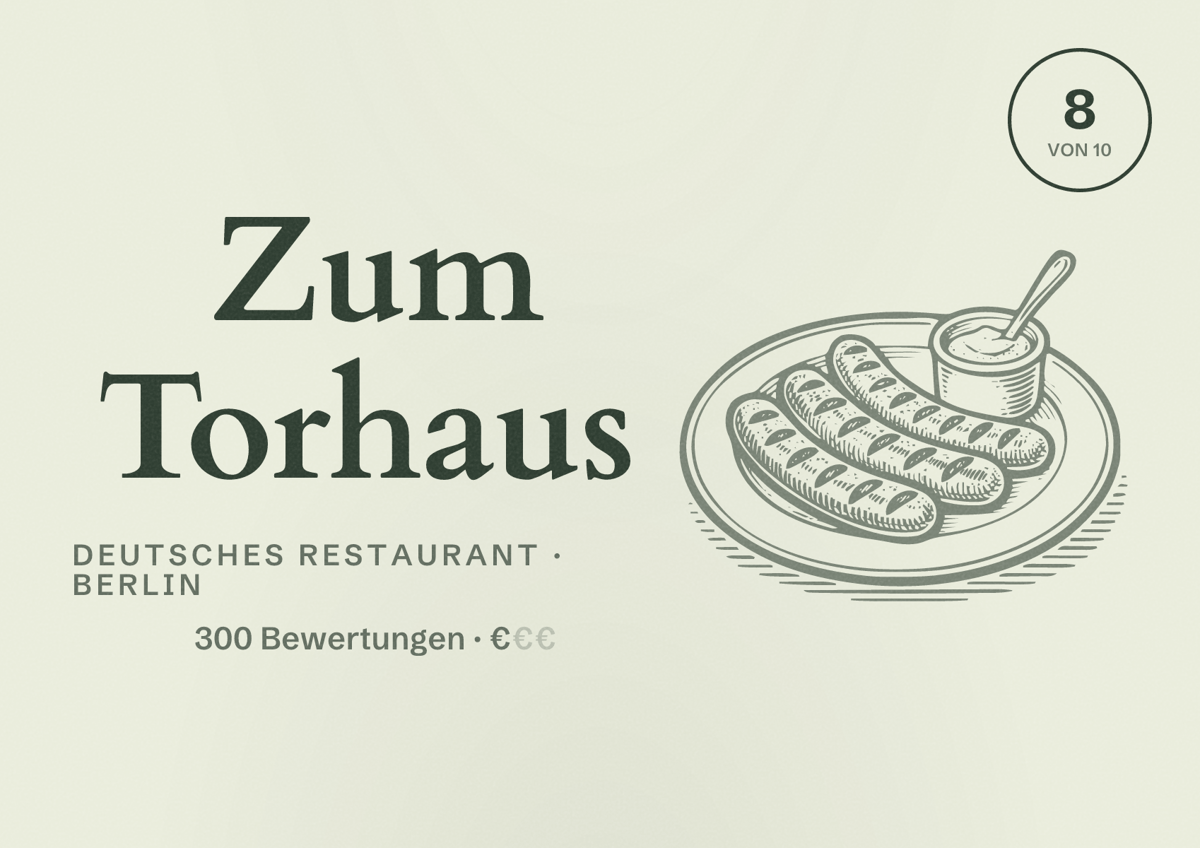 Illustriertes Poster von Zum Torhaus, Deutsches Restaurant in Berlin: Bewertung 8,0 von 10 aus 300 Bewertungen, Preisniveau €