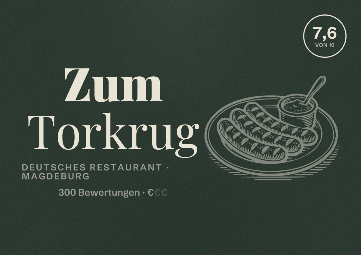 Illustriertes Poster von Zum Torkrug, Deutsches Restaurant in Magdeburg: Bewertung 7,6 von 10 aus 300 Bewertungen, Preisniveau €