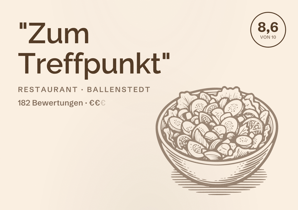 Illustriertes Poster von "Zum Treffpunkt", Restaurant in Ballenstedt: Bewertung 8,6 von 10 aus 182 Bewertungen, Preisniveau €€