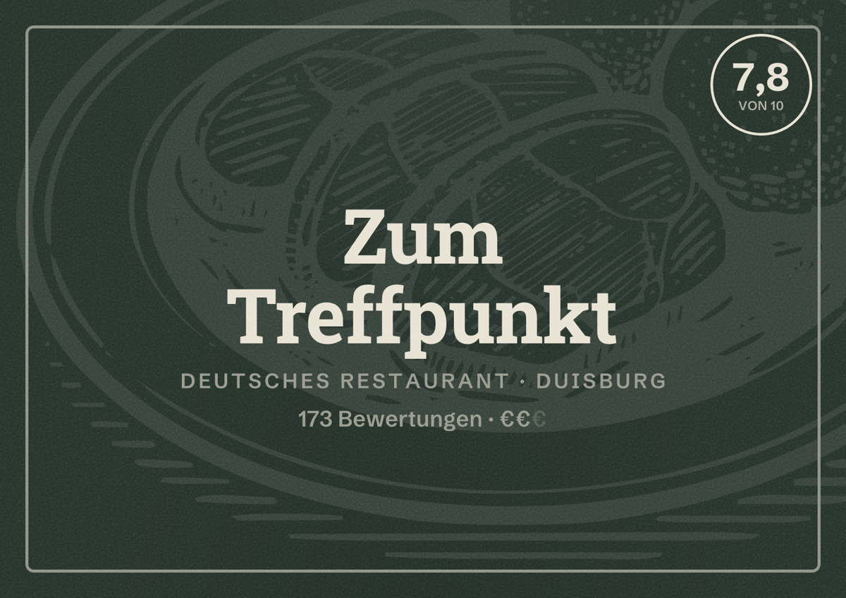 Illustriertes Poster von Zum Treffpunkt, Deutsches Restaurant in Duisburg: Bewertung 7,8 von 10 aus 173 Bewertungen, Preisniveau €€