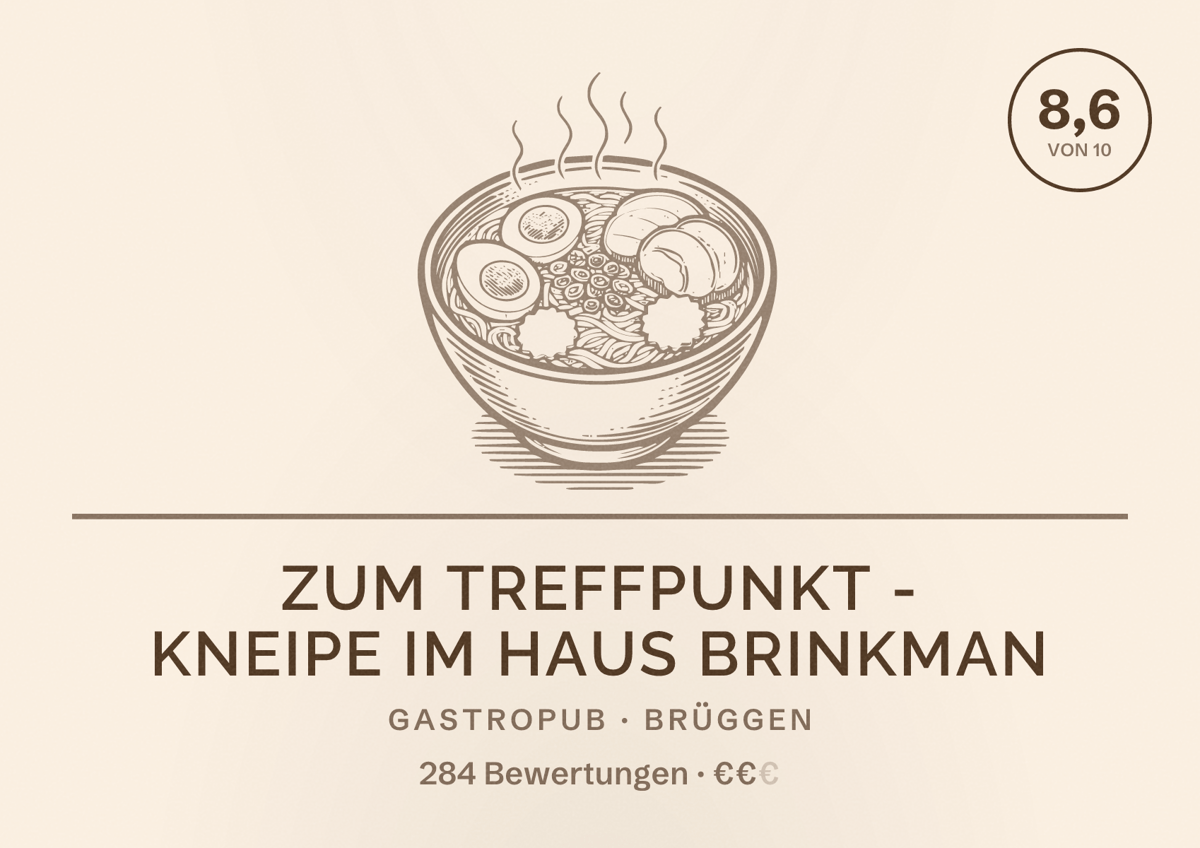 Illustriertes Poster von Zum Treffpunkt - Kneipe im Haus Brinkman, Gastropub in Brüggen: Bewertung 8,6 von 10 aus 284 Bewertungen, Preisniveau €€