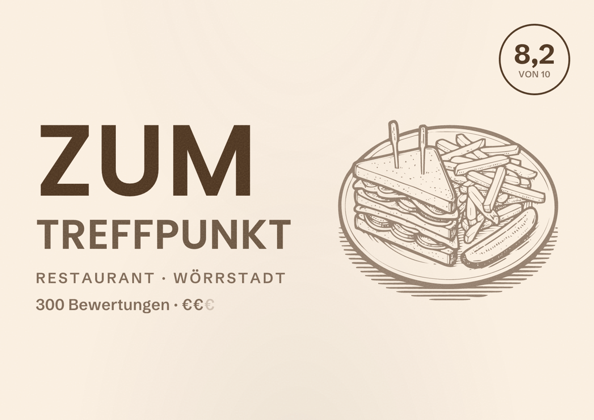 Illustriertes Poster von Zum Treffpunkt, Restaurant in Wörrstadt: Bewertung 8,2 von 10 aus 300 Bewertungen, Preisniveau €€