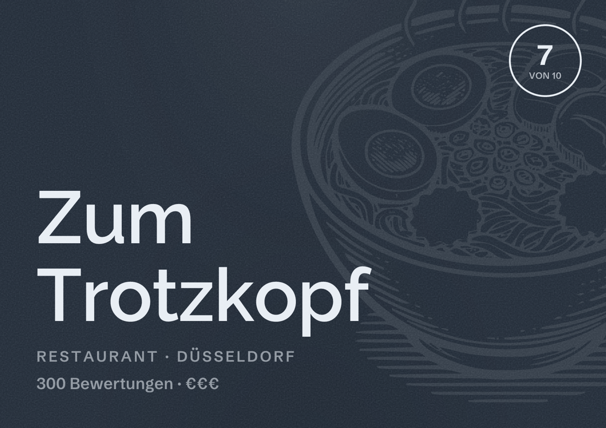 Illustriertes Poster von Zum Trotzkopf, Restaurant in Düsseldorf: Bewertung 7 von 10 aus 300 Bewertungen, Preisniveau €€€