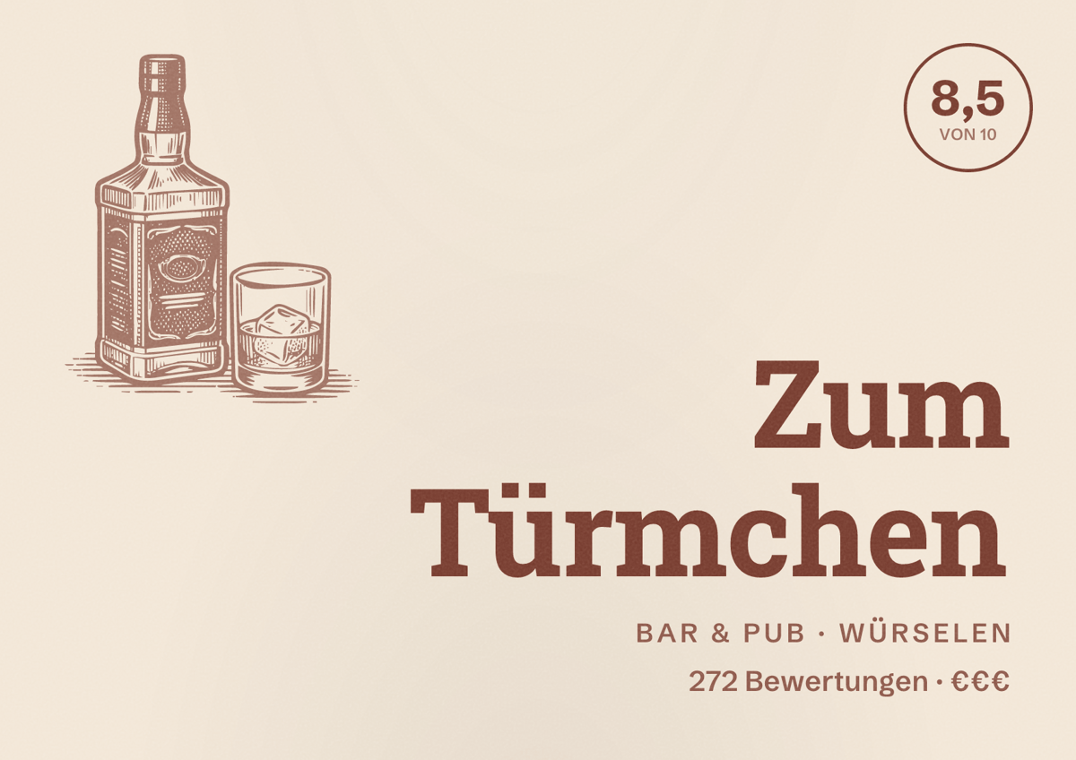 Illustriertes Poster von Zum Türmchen, Bar & Pub in Würselen: Bewertung 8,5 von 10 aus 272 Bewertungen, Preisniveau €€€