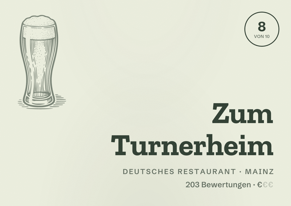 Illustriertes Poster von Zum Turnerheim, Deutsches Restaurant in Mainz: Bewertung 8,0 von 10 aus 203 Bewertungen, Preisniveau €