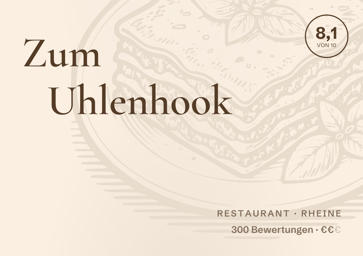 Illustriertes Poster von Zum Uhlenhook, Restaurant in Rheine: Bewertung 8,1 von 10 aus 300 Bewertungen, Preisniveau €€