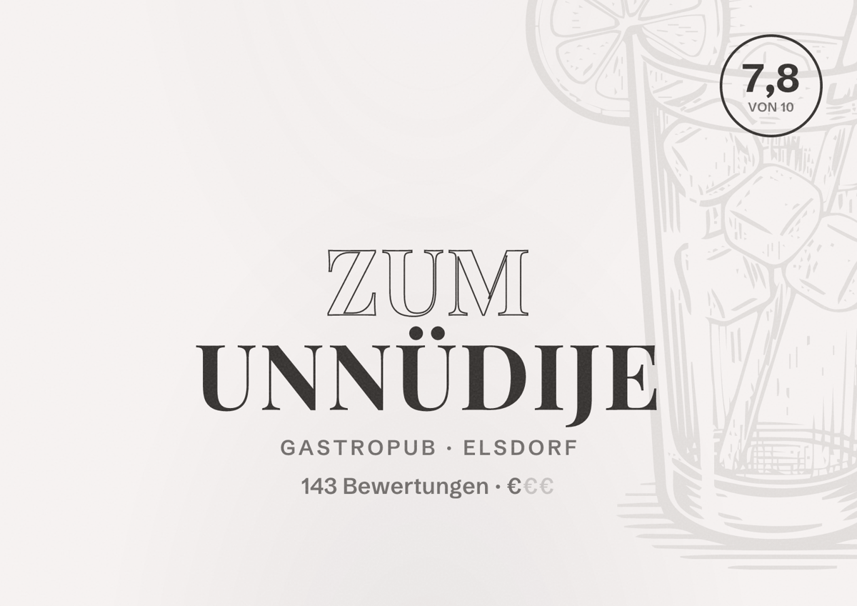 Illustriertes Poster von Zum Unnüdije, Gastropub in Elsdorf: Bewertung 7,8 von 10 aus 143 Bewertungen, Preisniveau €