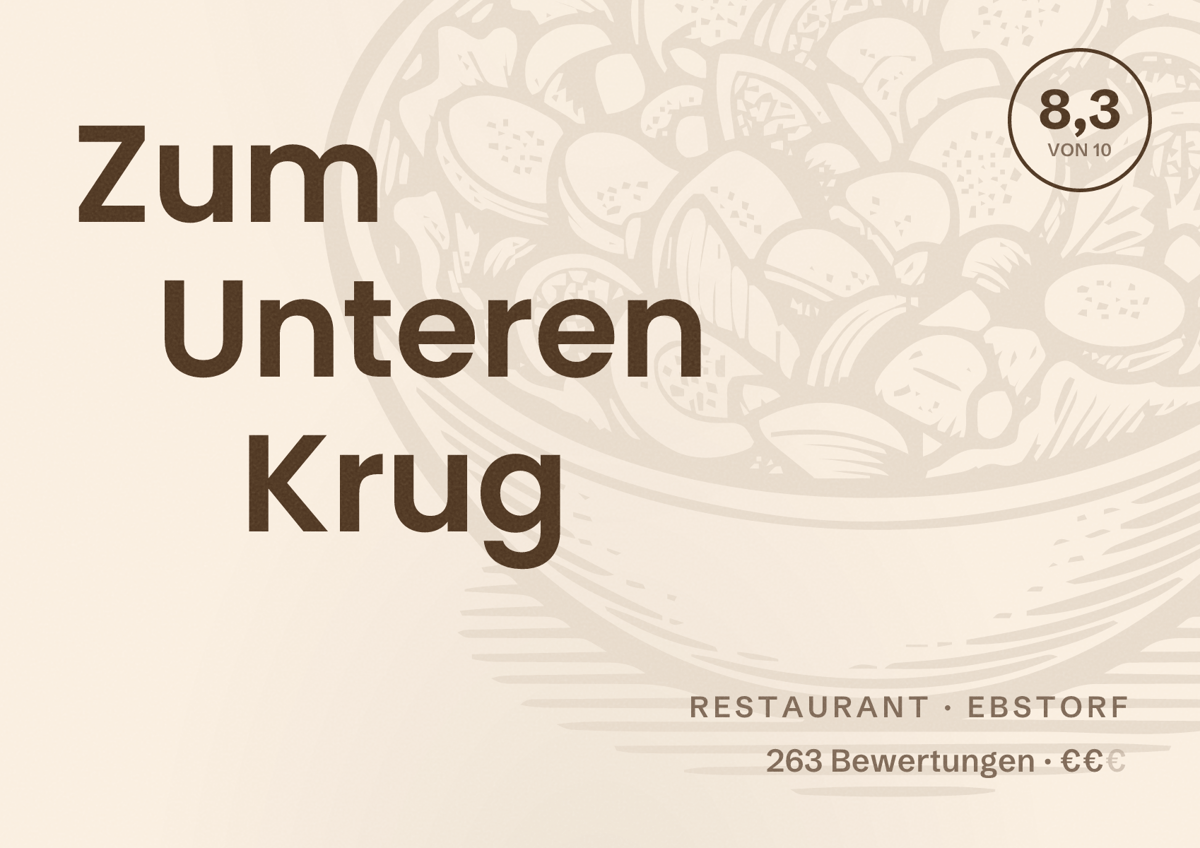 Illustriertes Poster von Zum Unteren Krug, Restaurant in Ebstorf: Bewertung 8,3 von 10 aus 263 Bewertungen, Preisniveau €€