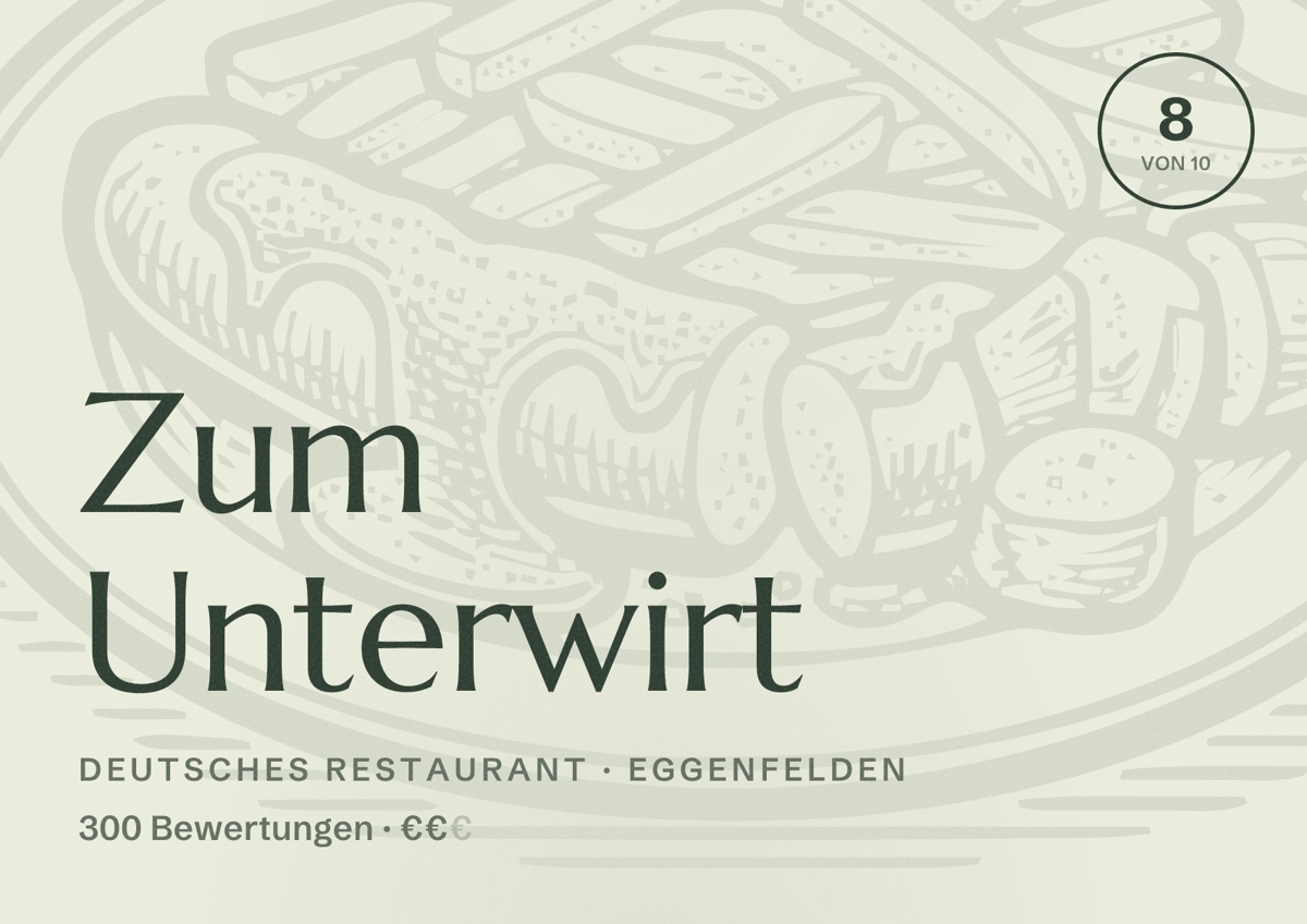 Illustriertes Poster von Zum Unterwirt, Deutsches Restaurant in Eggenfelden: Bewertung 8 von 10 aus 300 Bewertungen, Preisniveau €€
