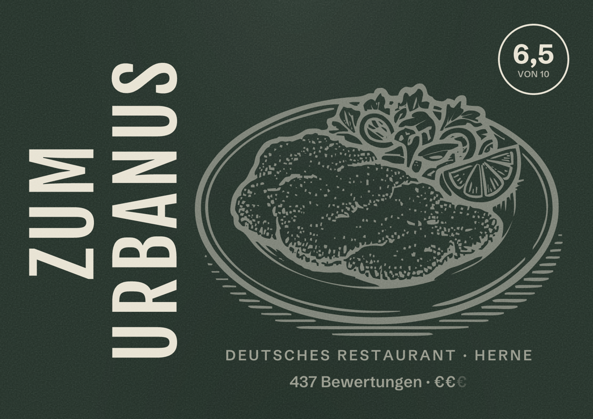 Illustriertes Poster von Zum Urbanus, Deutsches Restaurant in Herne: Bewertung 6,5 von 10 aus 437 Bewertungen, Preisniveau €€