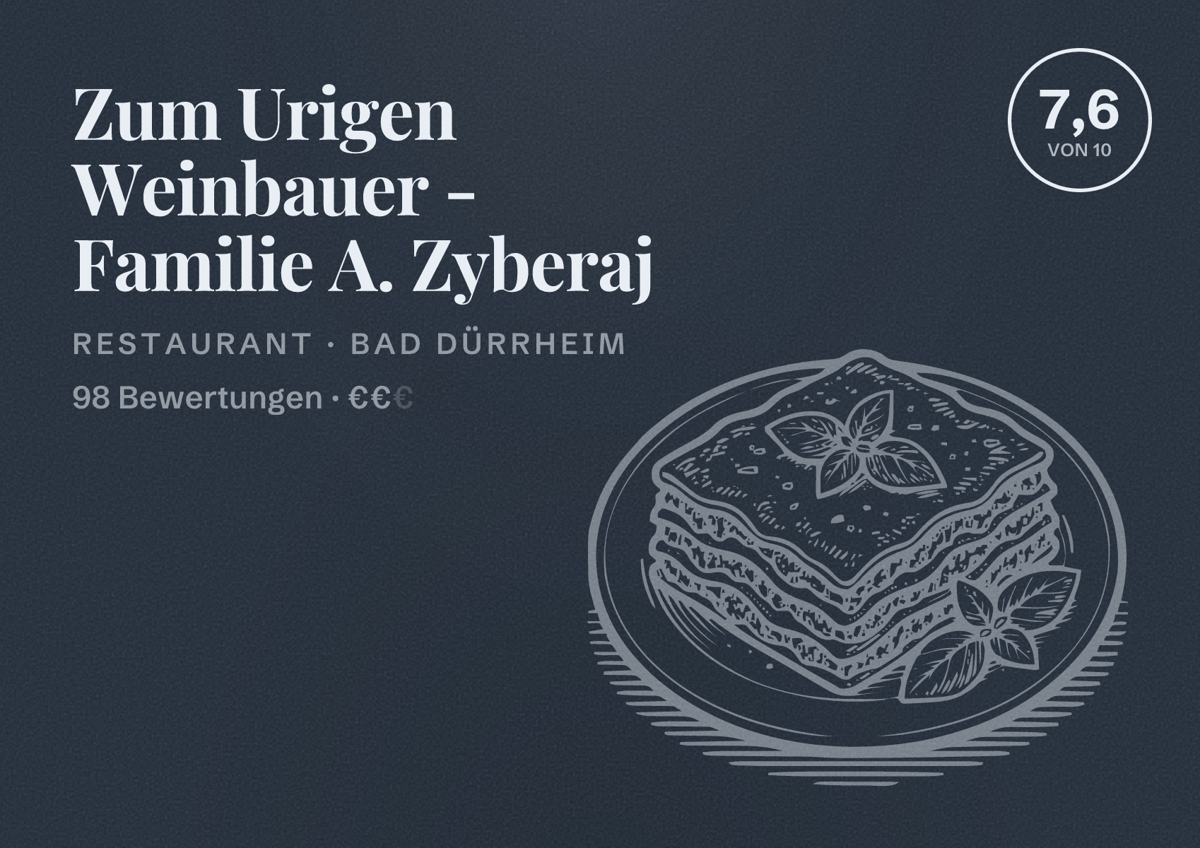 Illustriertes Poster von Zum Urigen Weinbauer - Familie A. Zyberaj, Restaurant in Bad Dürrheim: Bewertung 7,6 von 10 aus 98 Bewertungen, Preisniveau €€