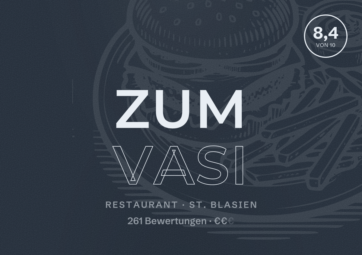 Illustriertes Poster von Zum Vasi, Restaurant in St. Blasien: Bewertung 8,4 von 10 aus 261 Bewertungen, Preisniveau €€