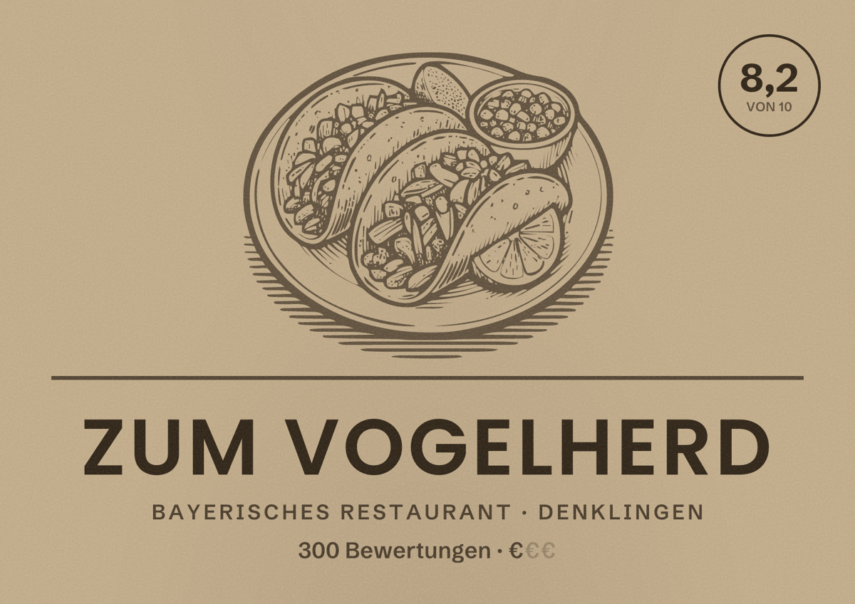 Illustriertes Poster von Zum Vogelherd, Bayerisches Restaurant in Denklingen: Bewertung 8,2 von 10 aus 300 Bewertungen, Preisniveau €