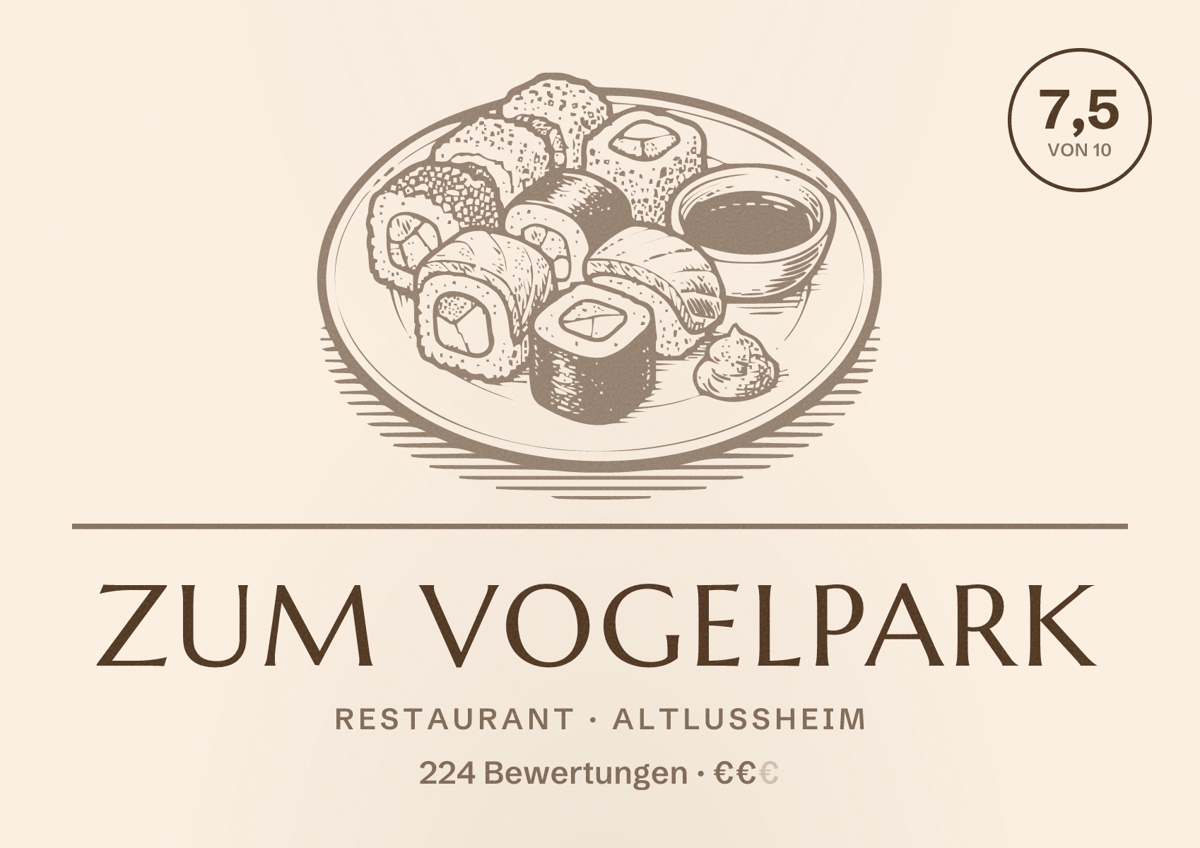 Illustriertes Poster von Zum Vogelpark, Restaurant in Altlußheim: Bewertung 7,5 von 10 aus 224 Bewertungen, Preisniveau €€