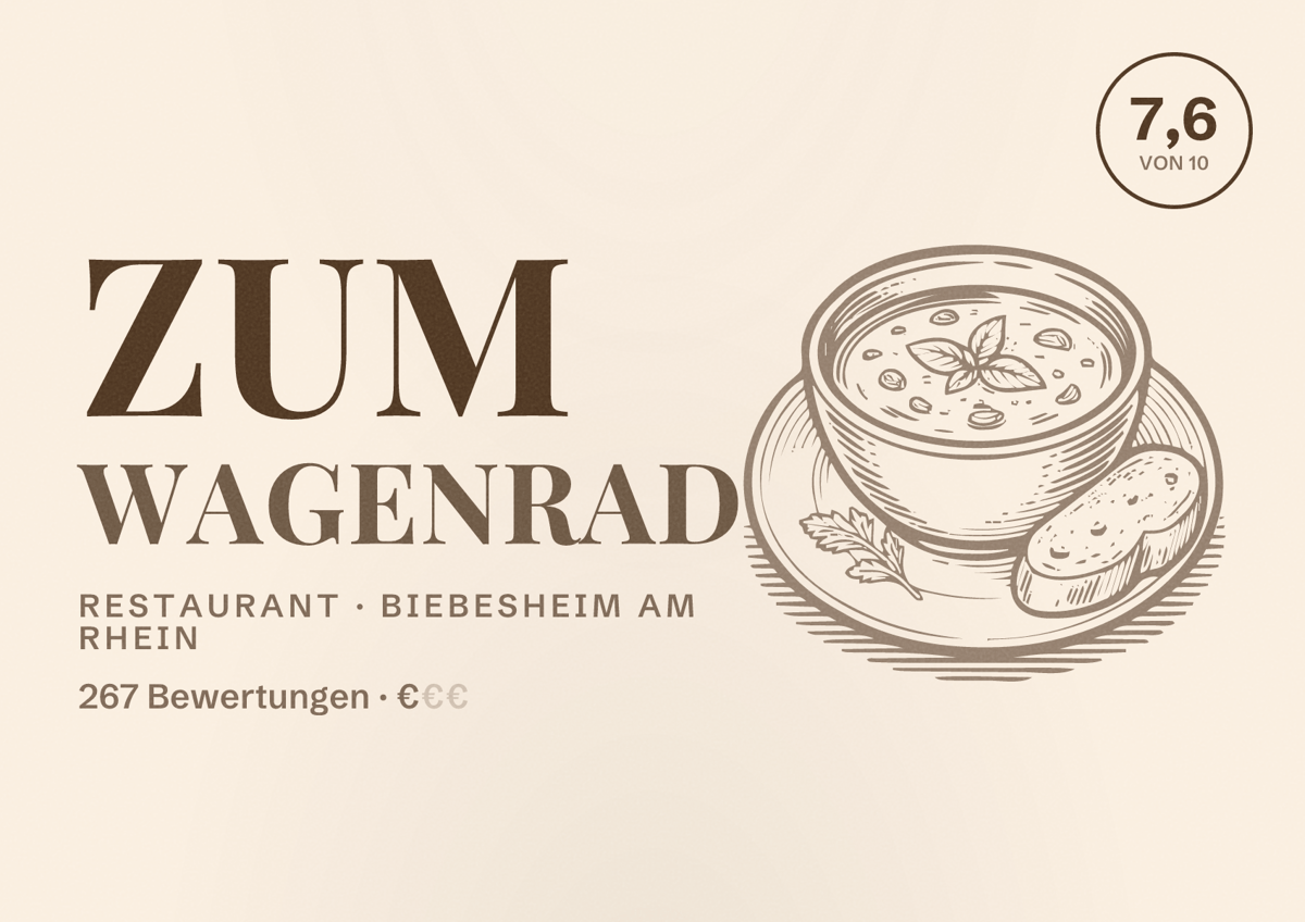 Illustriertes Poster von Zum Wagenrad, Restaurant in Biebesheim am Rhein: Bewertung 7,6 von 10 aus 267 Bewertungen, Preisniveau €