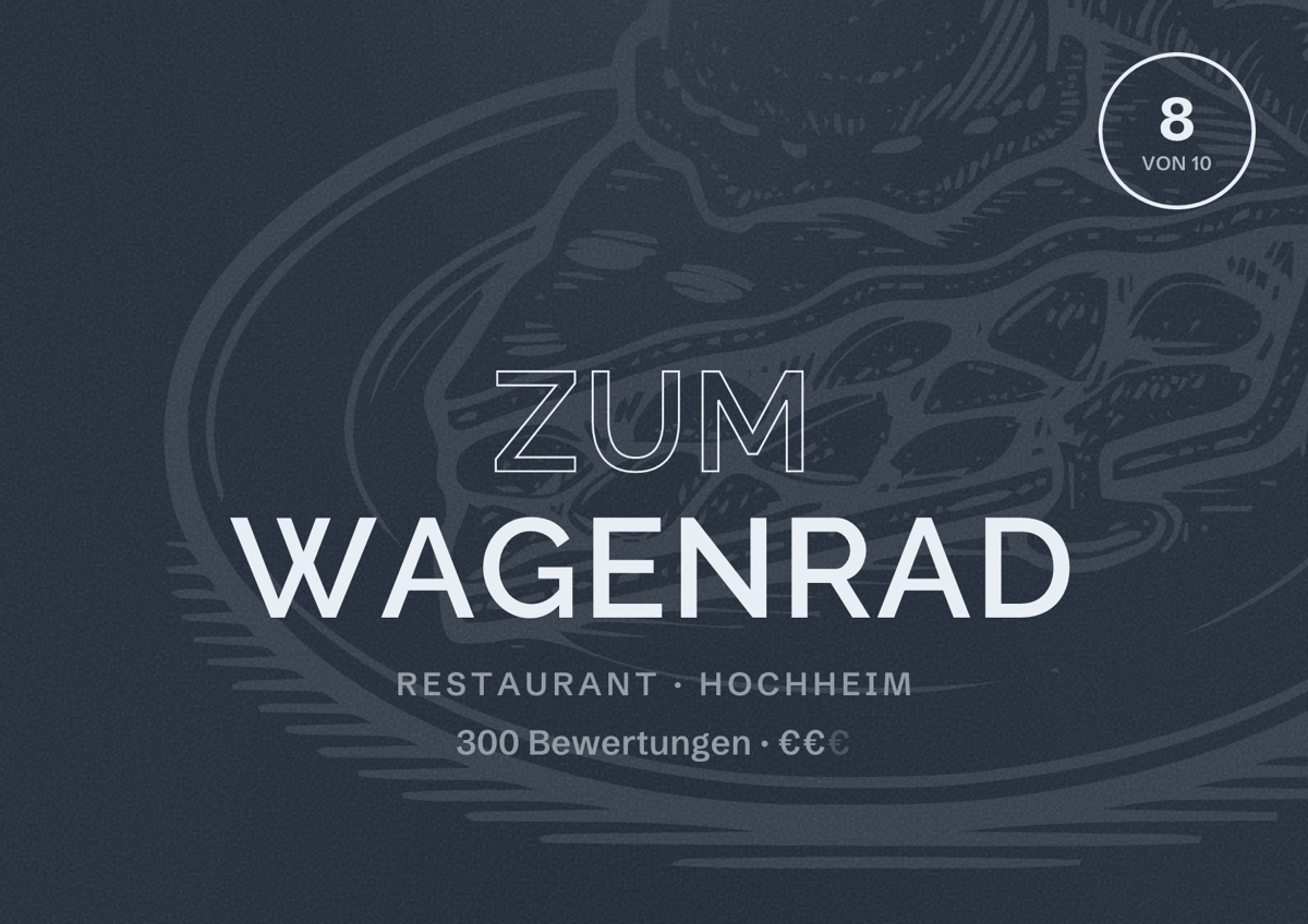 Illustriertes Poster von Zum Wagenrad, Restaurant in Hochheim: Bewertung 8 von 10 aus 300 Bewertungen, Preisniveau €€
