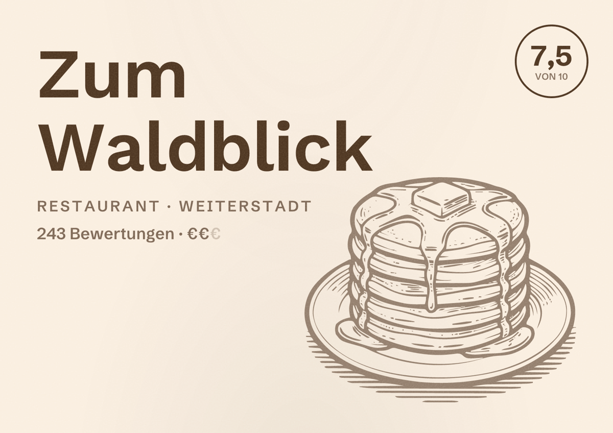 Illustriertes Poster von Zum Waldblick, Restaurant in Weiterstadt: Bewertung 7,5 von 10 aus 243 Bewertungen, Preisniveau €€