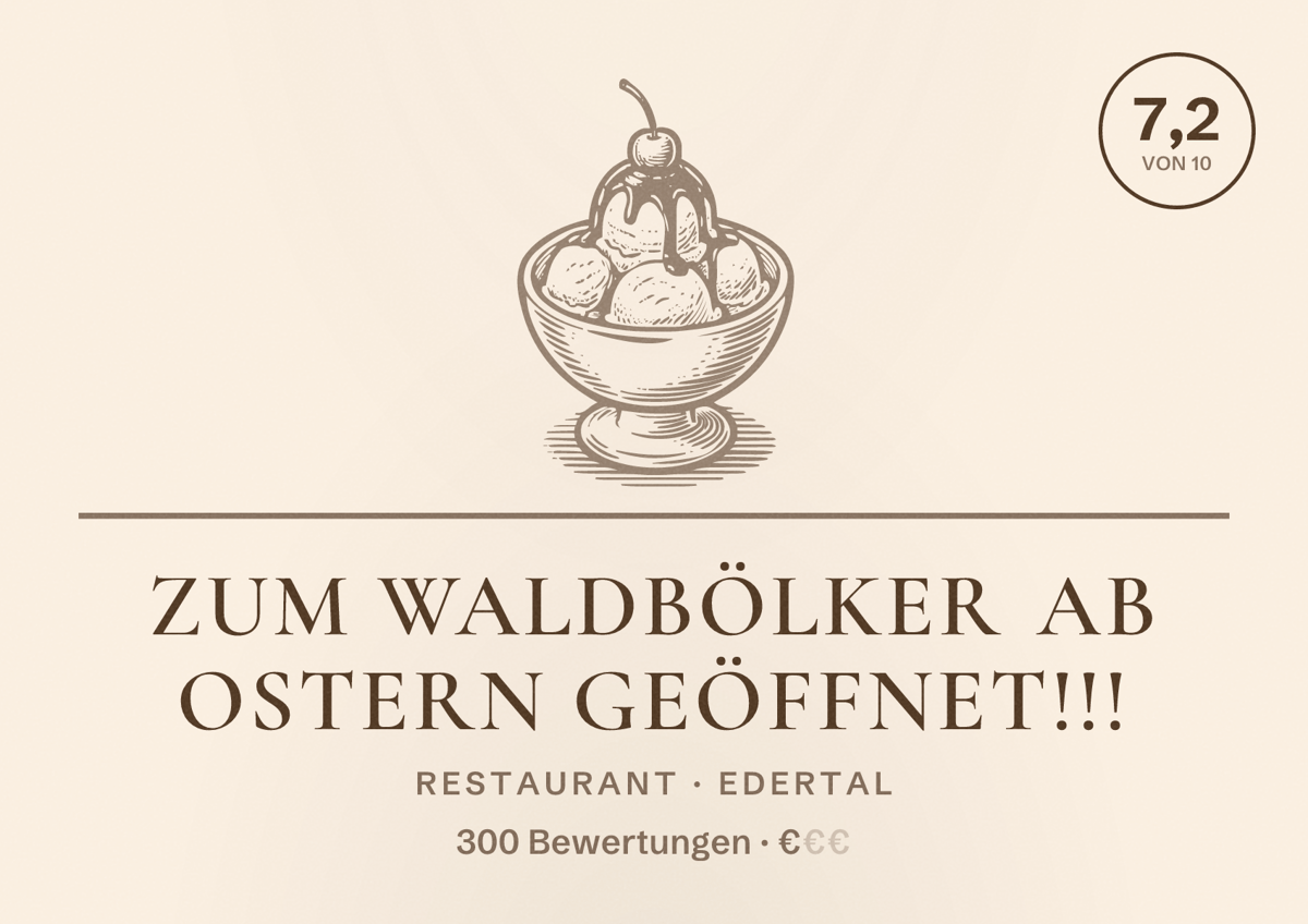 Illustriertes Poster von Zum Waldbölker ab Ostern geöffnet!!!, Restaurant in Edertal: Bewertung 7,2 von 10 aus 300 Bewertungen, Preisniveau €